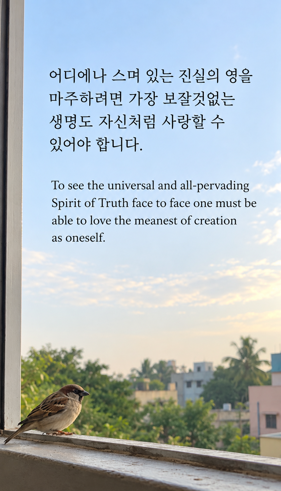 어디에나 스며 있는 진실의 영을 마주하려면 가장 보잘것없는 생명도 자신처럼 사랑할 수 있어야 합니다. &mdash; 창가에 앉은 작은 참새, 디지털카메라 사진풍