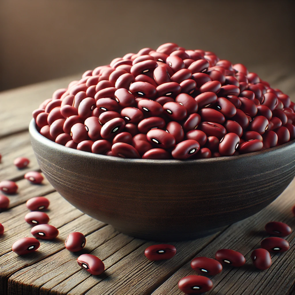 나무 배경 위에 놓인 팥이 담긴 그릇, 일부 팥이 주변에 흩어져 있는 모습