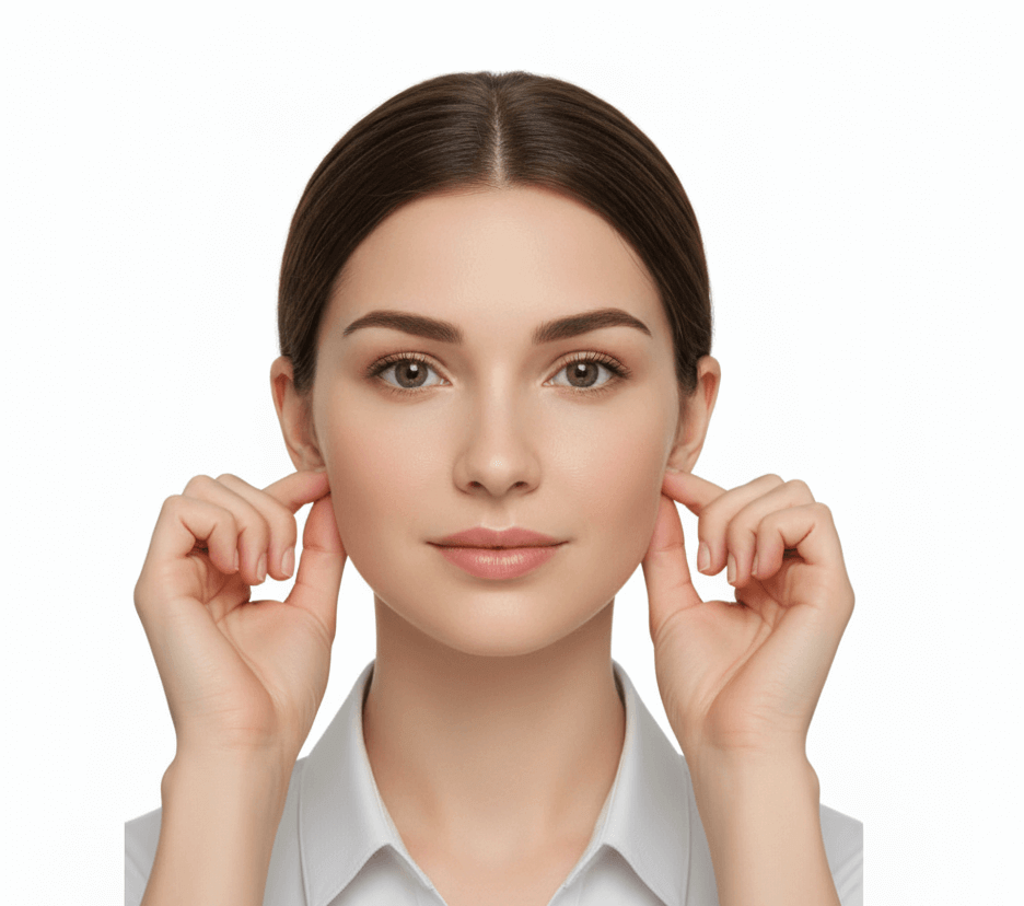 여성, 귓불, 양손