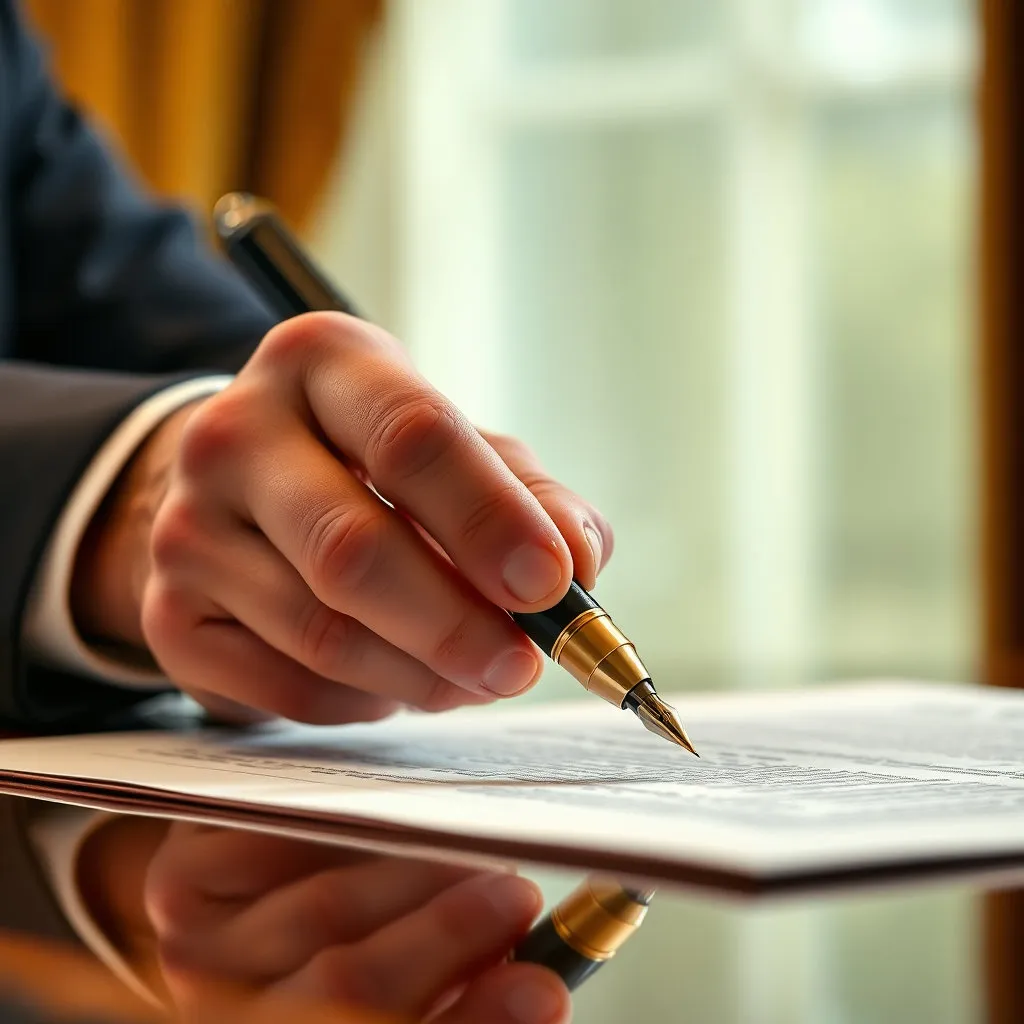 중요한 문서에 서명하는 대통령의 손과 만년필을 클로즈업하여, 한 국가의 미래를 결정하는 순간의 집중력과 결단력을 생생하게 담아냅니다. 배경은 흐리게 처리하여 만년필과 서명에 집중시킵니다.