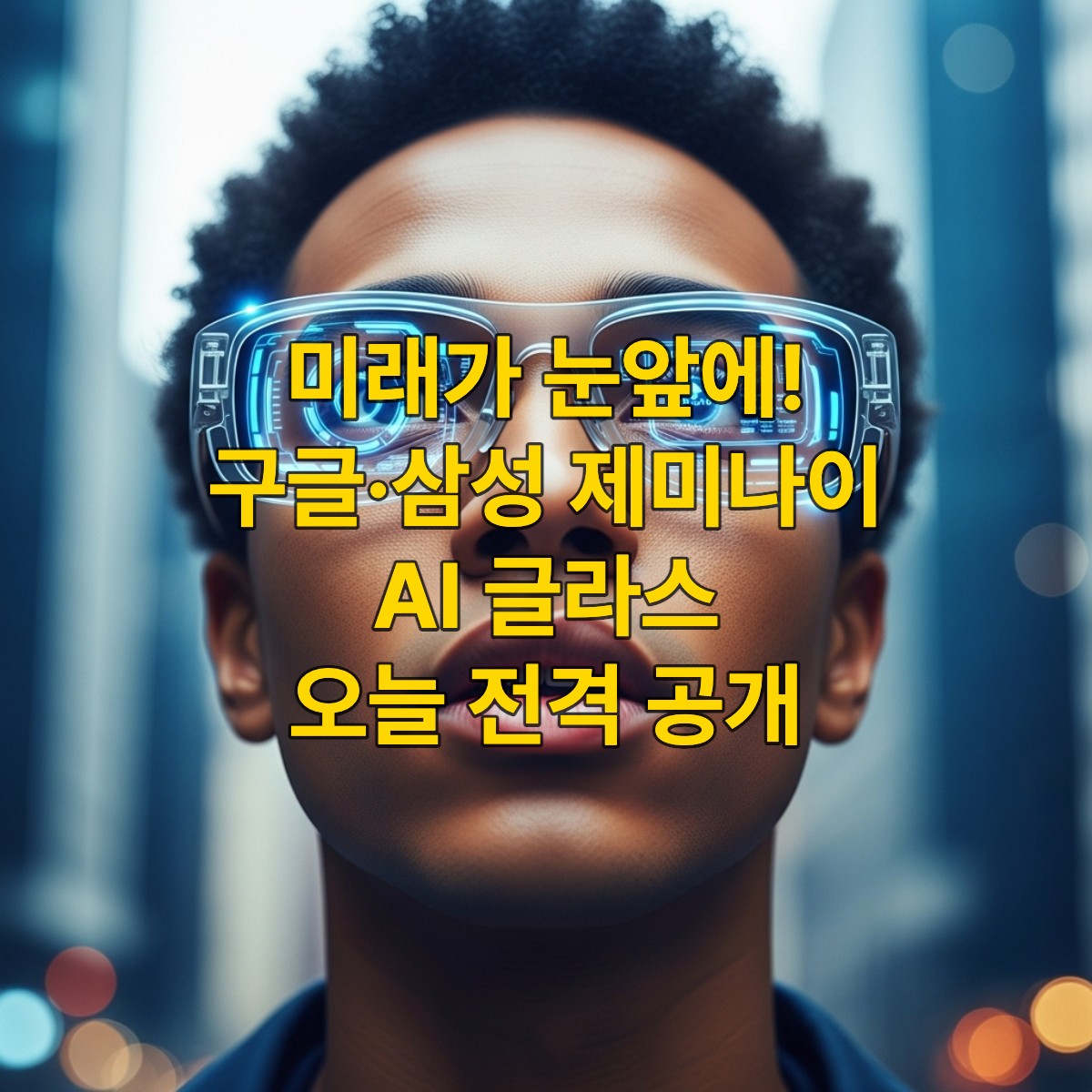 구글과 삼성의 제미나이 AI 글라스가 미래 기술을 선보이는 모습. 투명한 렌즈에 파란색 AR 정보가 표시되며, 착용자의 눈앞에 펼쳐진 미래 인터페이스를 강조합니다.