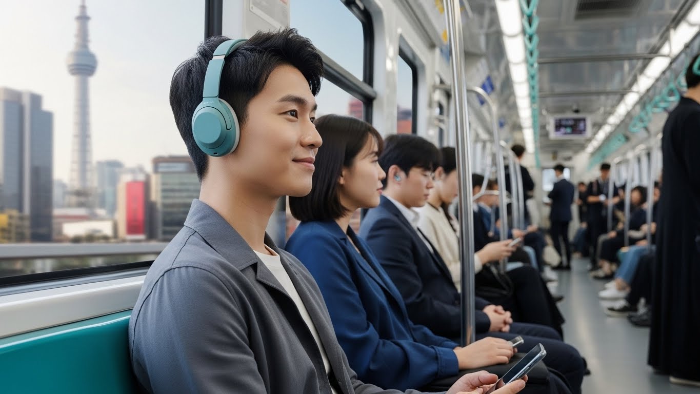 가벼운 소니 WH-CH720N 헤드폰을 착용한 젊은 한국인 프로 선수, 혼잡하지만 깨끗한 서울 지하철에서 편안하고 집중력 있는 모습