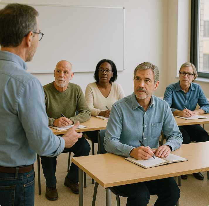학교에서 선생님과 함께 수업하는 중장년 남성 여성 사진