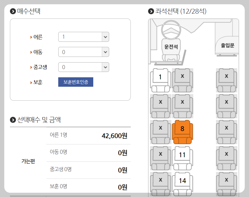 대구북부시외버스터미널 좌석안내도