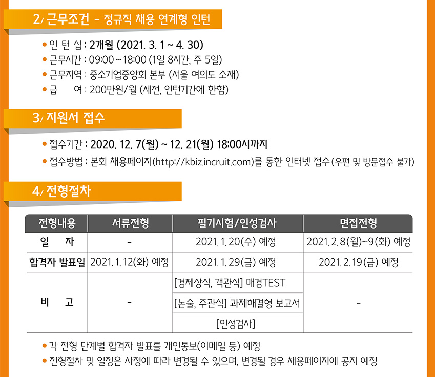 중소기업중앙회 근무조건 및 전형절차