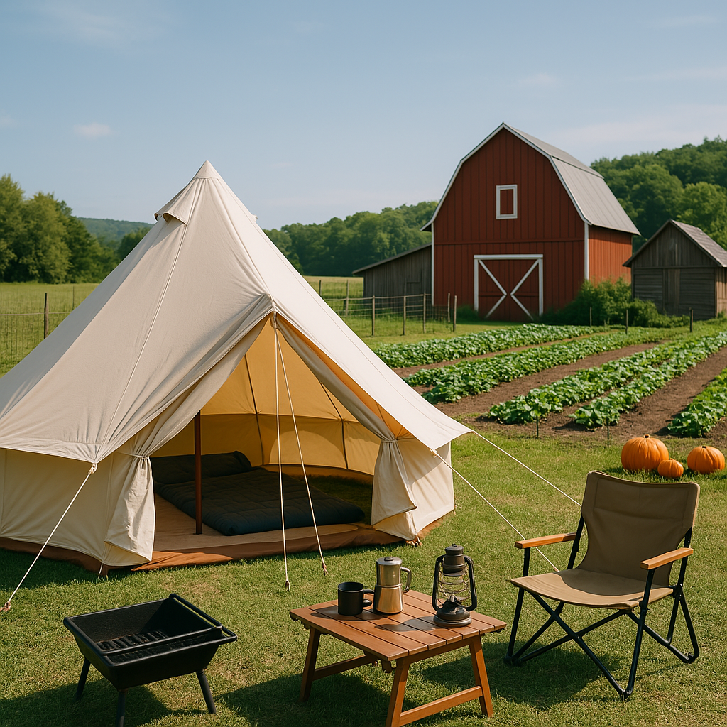 텐트가 설치되어 있는 시골풍경