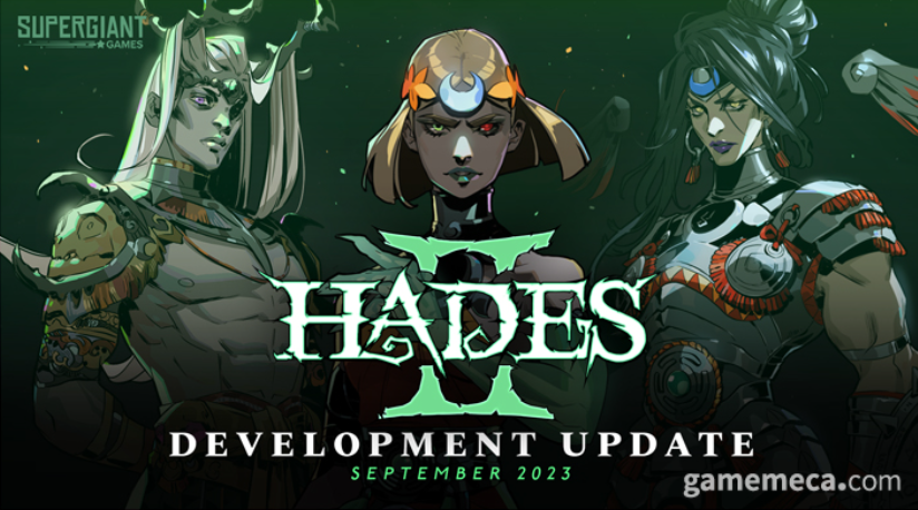 하데스2(Hades II) 개발 업데이트를 알리는 공식 이미지로, 중앙에는 주인공 멜리노에가 위치해 있으며 좌우에는 새로운 신 캐릭터들이 등장하고 있다. 이미지 상단에는 'SUPERGIANT GAMES' 로고가, 하단에는 'DEVELOPMENT UPDATE SEPTEMBER 2023'이라는 문구가 표기되어 있다.