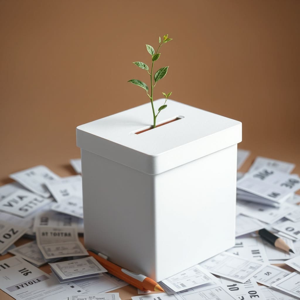 견고해 보이는 투표함과 기표 도구, 그리고 그 주변에 흩뿌려진 투표용지들이 배치된 정물화 스타일의 이미지입니다. 투표함 위로는 나뭇잎이나 새싹이 자라나는 모습을 작게 표현하여 투표를 통해 미래를 만들어간다는 의미를 부여할 수 있습니다. 차분하면서도 안정적인 색감과 구도로 신뢰감을 줍니다. 투표함의 질감이나 기표 도구의 디테일을 살려 사실적인 느낌을 더할 수 있습니다.