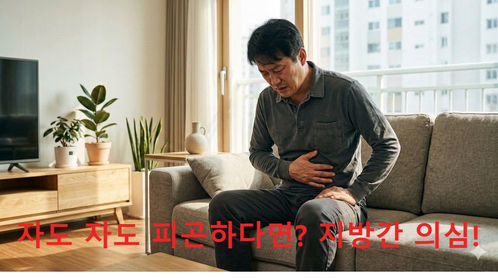 피로감과 복부 불편함을 느끼는 남성의 모습과 지방간 증상 안내