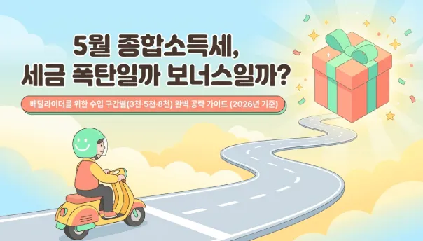배달라이더 수입별 종합소득세: 배달라이더가 오토바이를 타고 도로를 달리는 일러스트와 선물 상자가 그려진 대표 이미지. 5월 종합소득세 세금 폭탄일까 보너스일까라는 문구와 배달라이더를 위한 수입 구간별 3천 5천 8천만 원 완벽 공략 가이드 2026년 기준이라는 설명이 포함되어 있으며 배달라이더 종합소득세 단순경비율 적용 시 수입 구간에 따라 환급 또는 납부 결과가 달라지는 핵심 정보를 안내하는 블로그 글의 대표 이미지