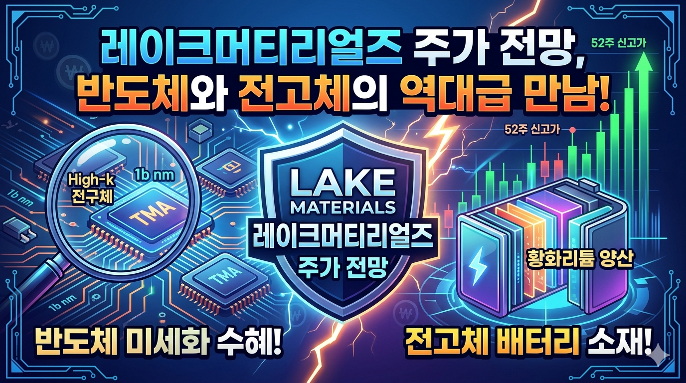 반도체 미세화 기술과 전고체 배터리 소재라는 두 가지 핵심 기술의 만남을 강조하며, 상승하는 화살표와 함께 레이크머티리얼즈의 주가 상승에 대한 기대감을 시각적으로 표현한 유튜브 썸네일입니다.