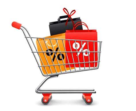 카트에 쇼핑백들이 가득하다. 노란색, 검정색, 붉은색 쇼핑백들이다.