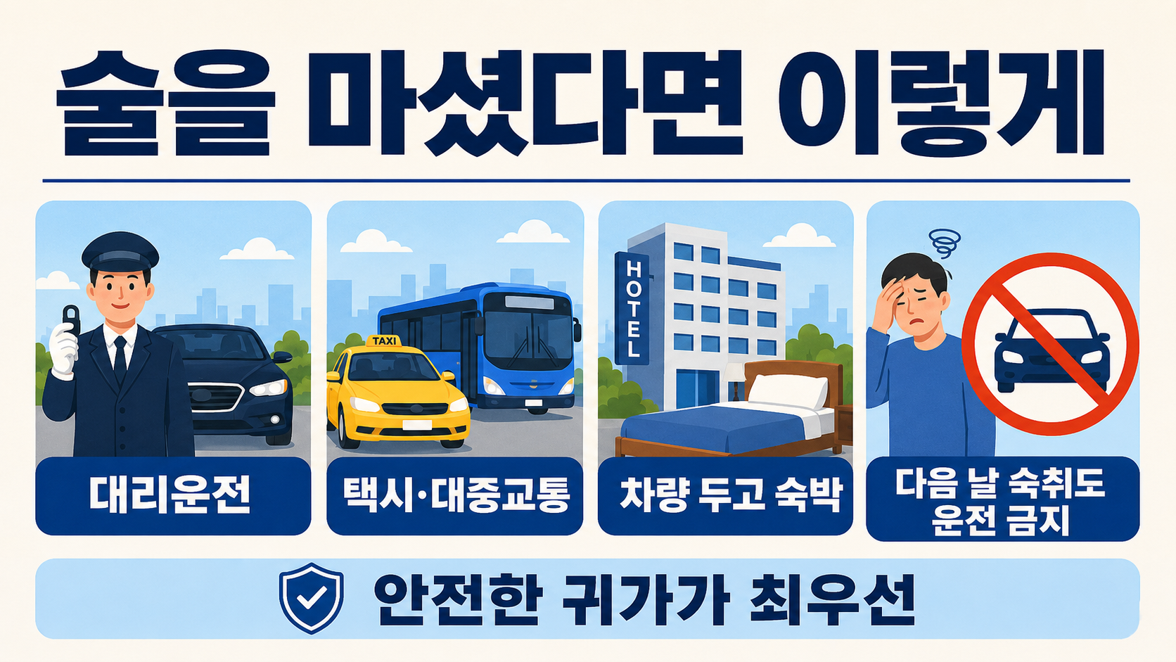 음주 후 대리운전 택시 대중교통 숙박을 선택하고 다음 날 숙취운전을 피하도록 안내하는 이미지