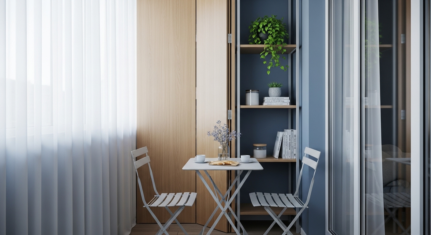 작은 베란다 홈카페 공간을 효과적으로 분리해주는 접이식 파티션과 아담한 비스트로 테이블, 의자가 있는 모습
