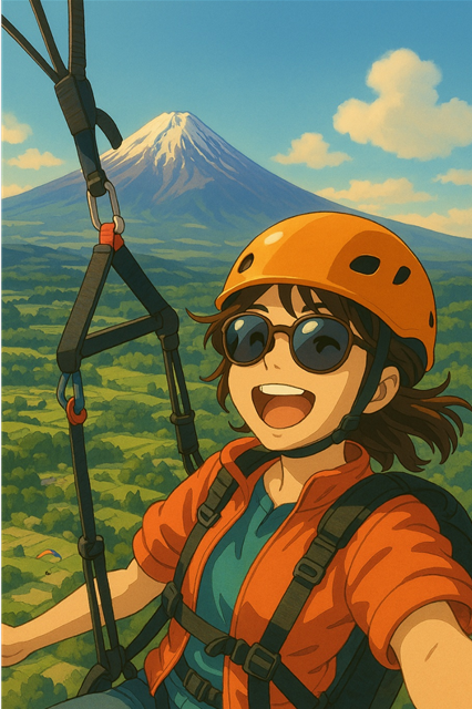 후지산을 배경으로 패러글라이딩을 즐김