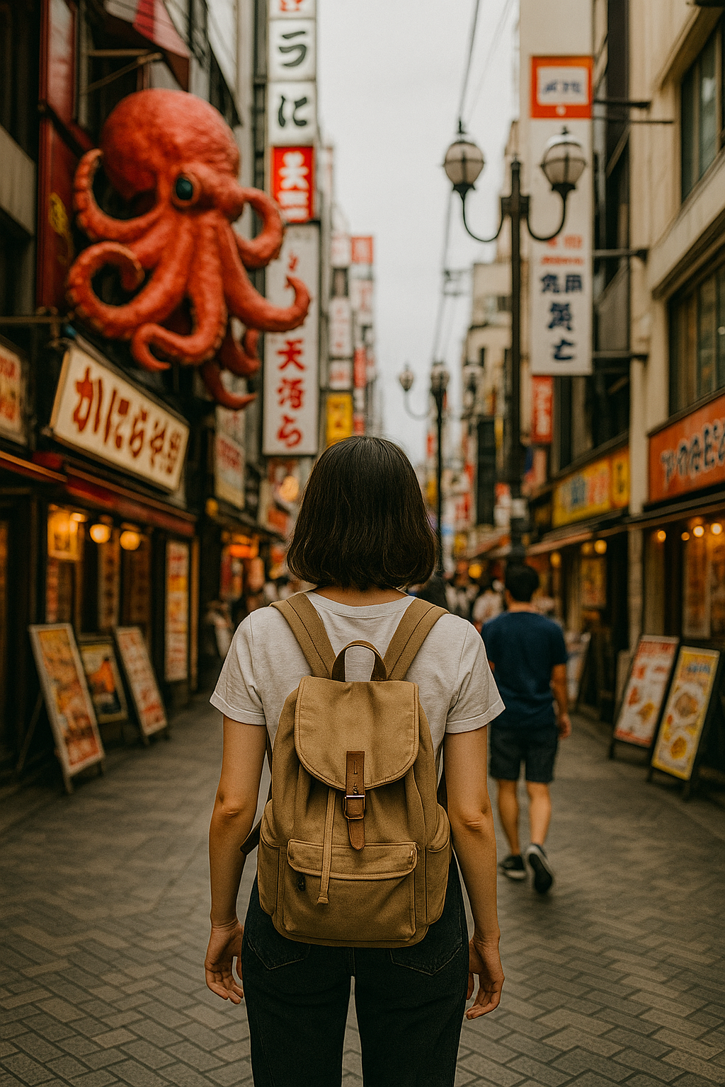 일본 맛집 거리에 서 있는 배낭 여행자의 모습