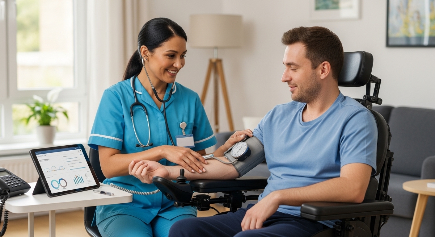 자택에서 중증장애인에게 건강 상담과 혈압 측정 등 방문보건 서비스를 제공하는 간호사.