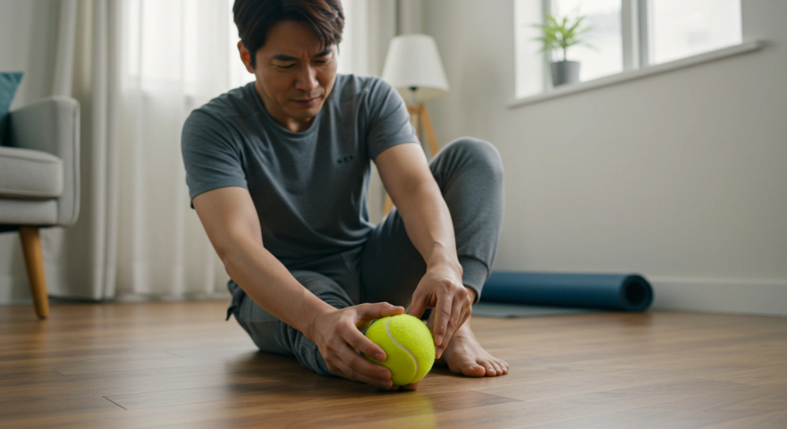 테니스공을 발바닥 밑에 두고 마사지하는 남성