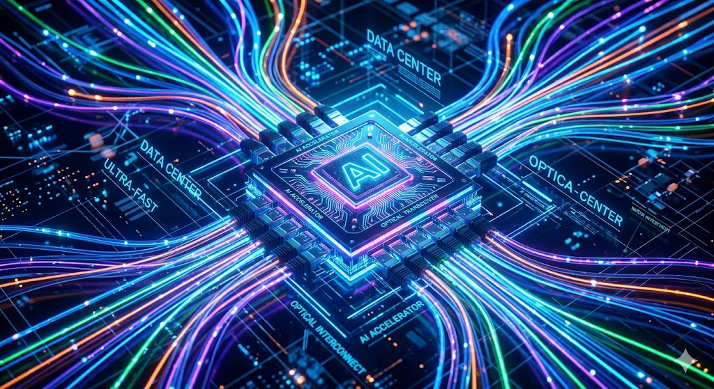AI 데이터 처리를 위한 초고속 광통신 케이블과 반도체 칩의 연결 시각화