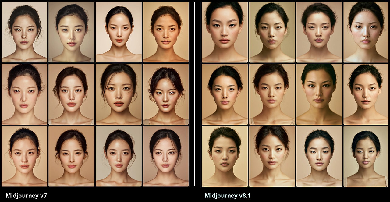 구도 키워드를 추가해 생성한 V7과 V8.1 중앙 정렬 뷰티 포트레이트 비교 이미지_Midjourney