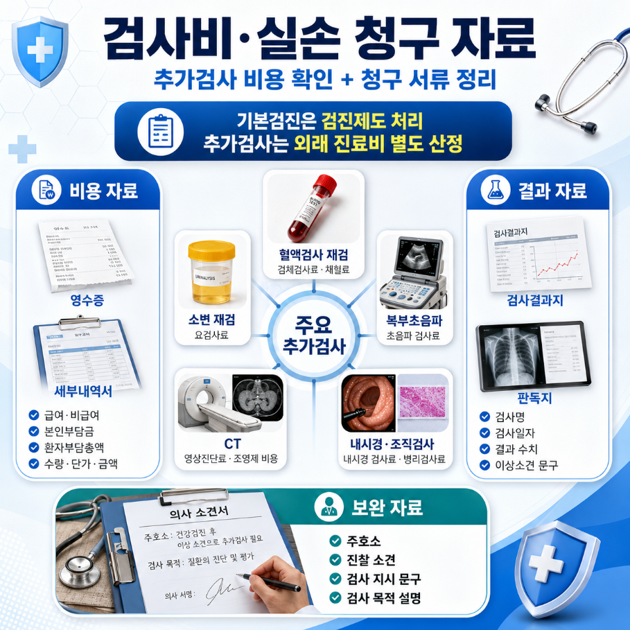 건강검진 후 추가검사 비용과 실손 청구에 필요한 영수증, 세부내역서, 검사결과지, 진료기록 자료를 정리한 인포그래픽
