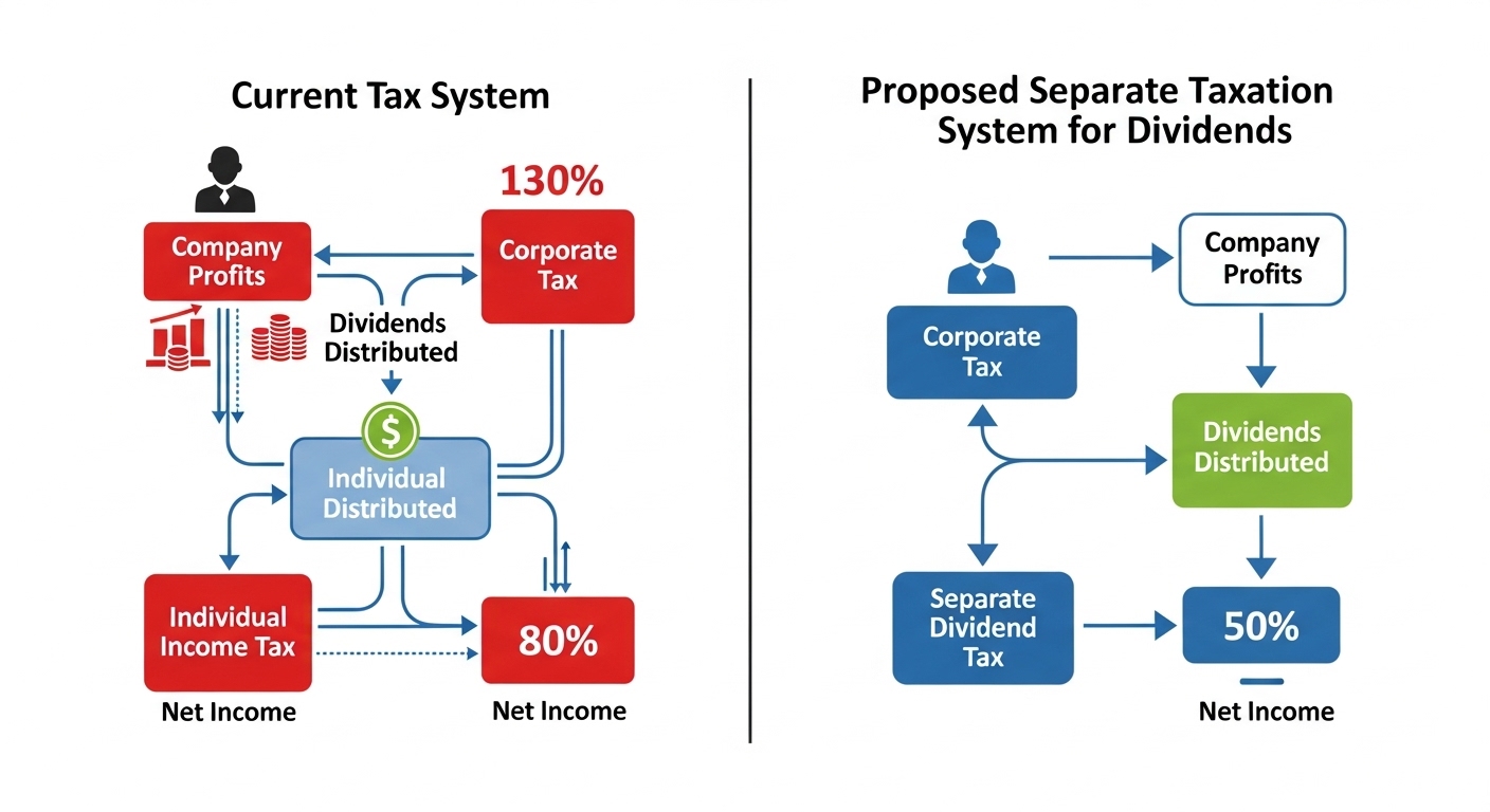 현행 배당소득 과세 제도와 2026년 추진될 분리과세 제도를 비교하는 인포그래픽.