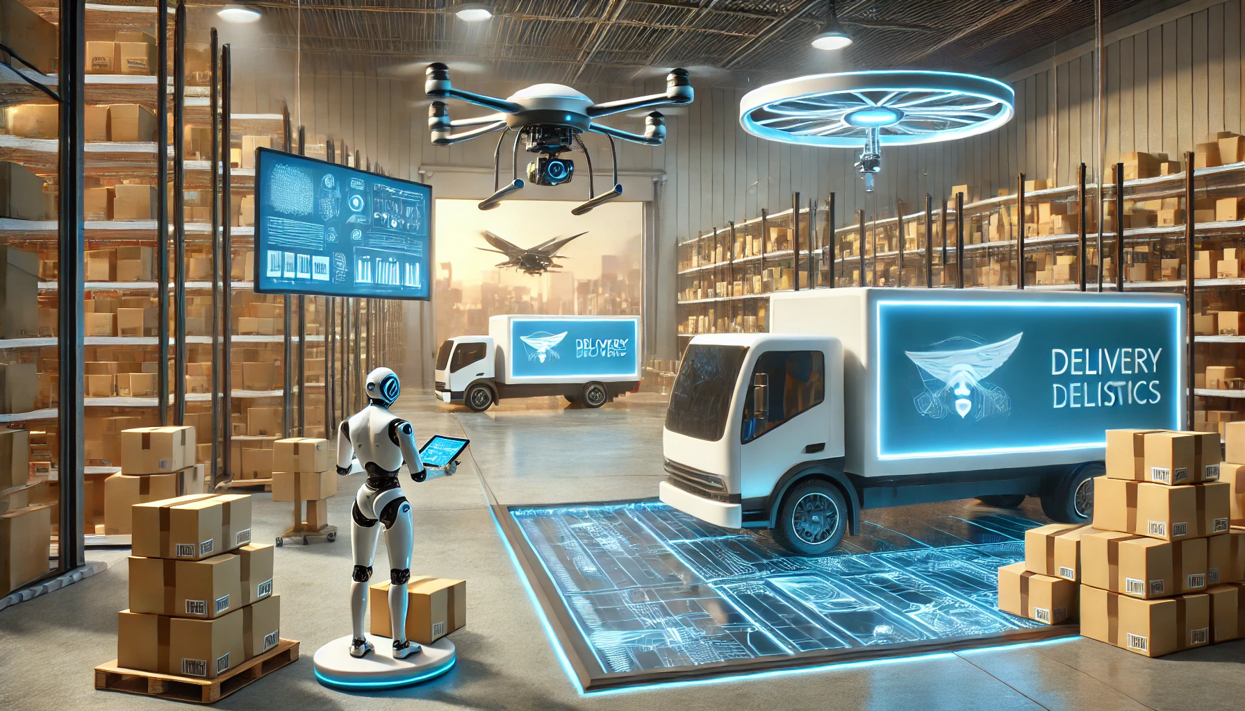 자율주행 기술이 적용된 물류 트럭과 드론 배송 장면