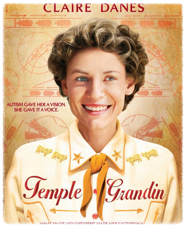 "영화 '템플 그랜딘' 포스터. 여주인공 템플 그랜딘 역을 맡은 클레어 데인즈가 미소 짓고 있으며, 카우보이 스타일의 셔츠를 입고 있다. 배경에는 도식적인 가축 도축 구조가 그려져 있다. 포스터 상단에는 배우 이름 'Claire Danes', 하단에는 'Temple Grandin' 영화 제목과 'What made her different made her exceptional'이라는 문구가 쓰여 있다."