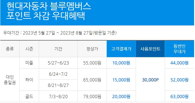 캐리비안베이 현대자동차 포인트 차감