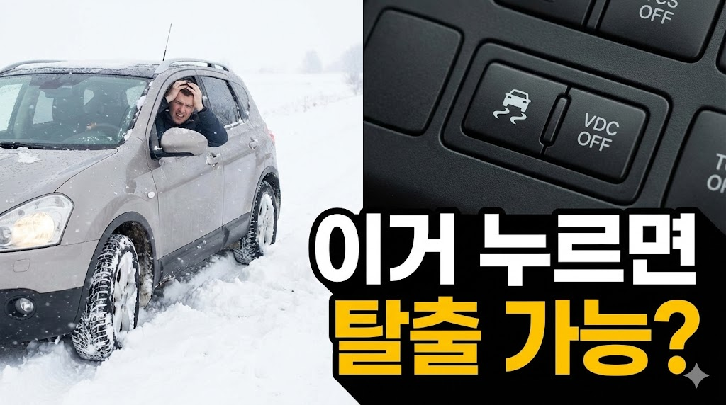 눈길에 빠진 자동차와 탈출을 도와주는 차체 자세 제어 장치 해제 버튼