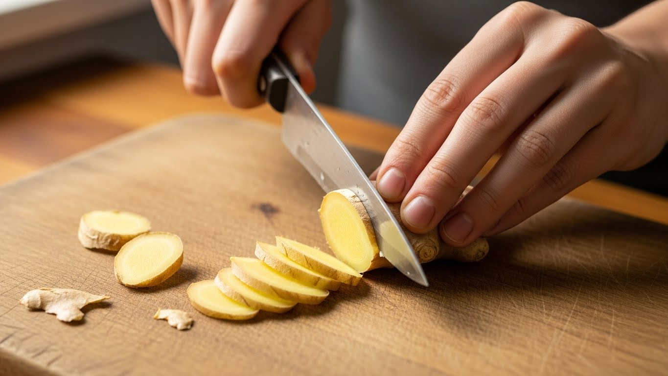 도마 위에서 생강을 얇게 써는 집밥 요리 과정