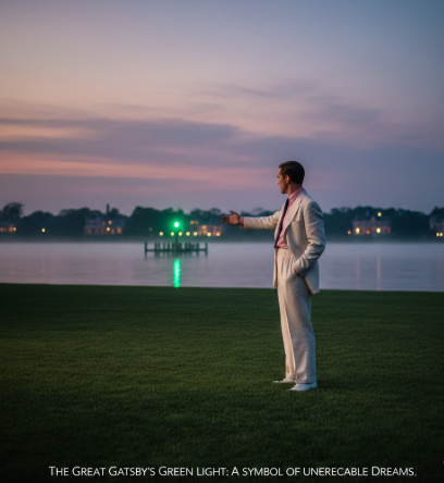 짙은 안개 너머 희미하게 반짝이는 초록 불빛을 향해 손을 뻗으며, 외부의 평가와 상관없이 자신의 운명을 스스로 결정하려는 강인한 의지를 가진 남자의 뒷모습(The back of a man with a strong will to decide his own fate regardless of outside evaluation, reaching out toward the green light twinkling faintly across the thick fog)