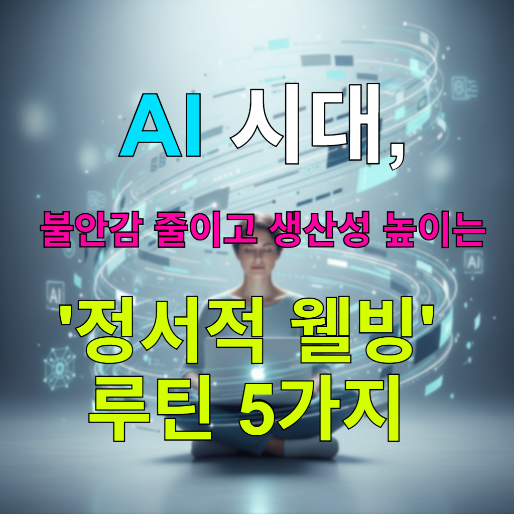 AI 시대 속에서 차분하게 명상하거나 작업하는 사람의 모습. 디지털 선과 AI 심볼이 주변을 감싸고 있지만 평온함이 강조됩니다.