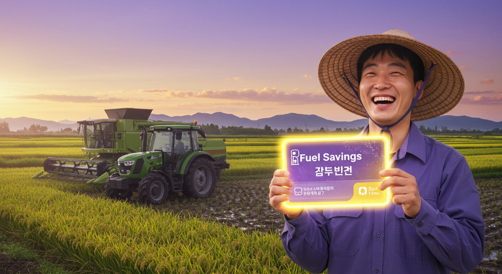 활기찬 농부가 농기계 앞에서 면세유 카드를 들고 웃고 있는 모습, 2025년 농업용 면세유 지원제도의 혜택과 희망을 상징합니다.