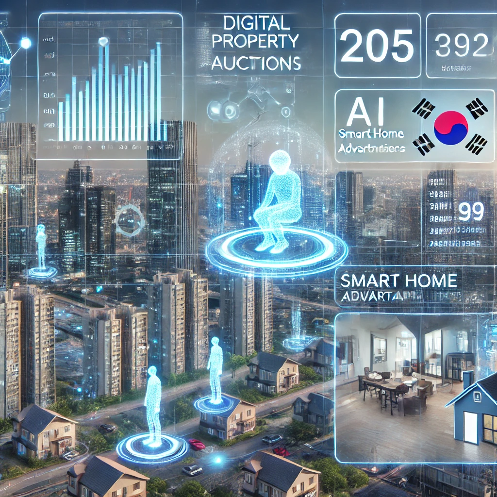 2025년 한국의 미래 도시에서 디지털 부동산 가격 차트와 홀로그램 광고가 반영된 모습.