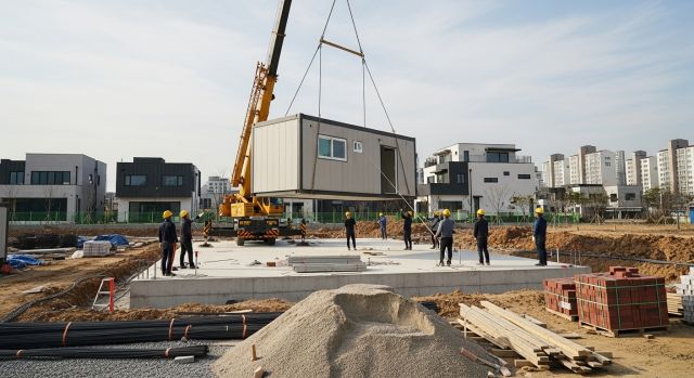 2026년 국내 모듈러주택 설치 공사 현장에서 크레인이 모듈을 올리는 실제 시공 장면