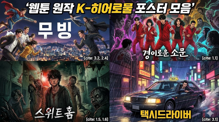 웹툰의 상상력이 스크린으로 옮겨지며 전 세계를 강타한 K-히어로물 대표작들의 포스터 모음입니다