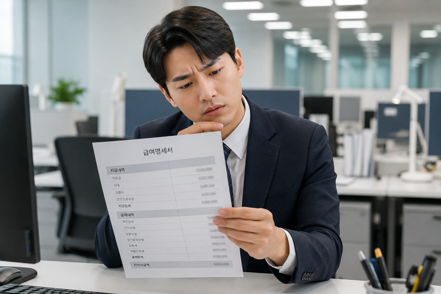 30대 직장인이 사무실 책상에 앉아 첫 월급 명세서를 들여다보고 있는 장면.
명세서에 여러 항목이 공제된 것을 보며 갸웃하는 표정.
한국 사무실 배경, 낮 시간대, 살짝 당혹스러운 분위기.
4대보험 공제 항목이 처음 등장하는 글 도입부에 배치할 이미지.