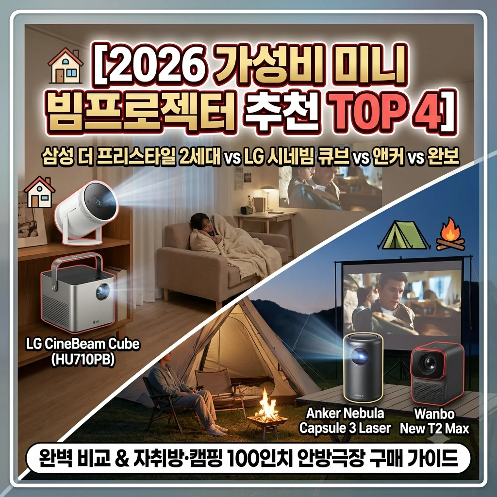 2026 가성비 미니 빔프로젝터 추천 TOP 4 삼성 더 프리스타일 2세대 LG 시네빔 큐브 앤커 네뷸라 캡슐 3 완보 T2 Max 비교 천장 투사 캠핑 가이드