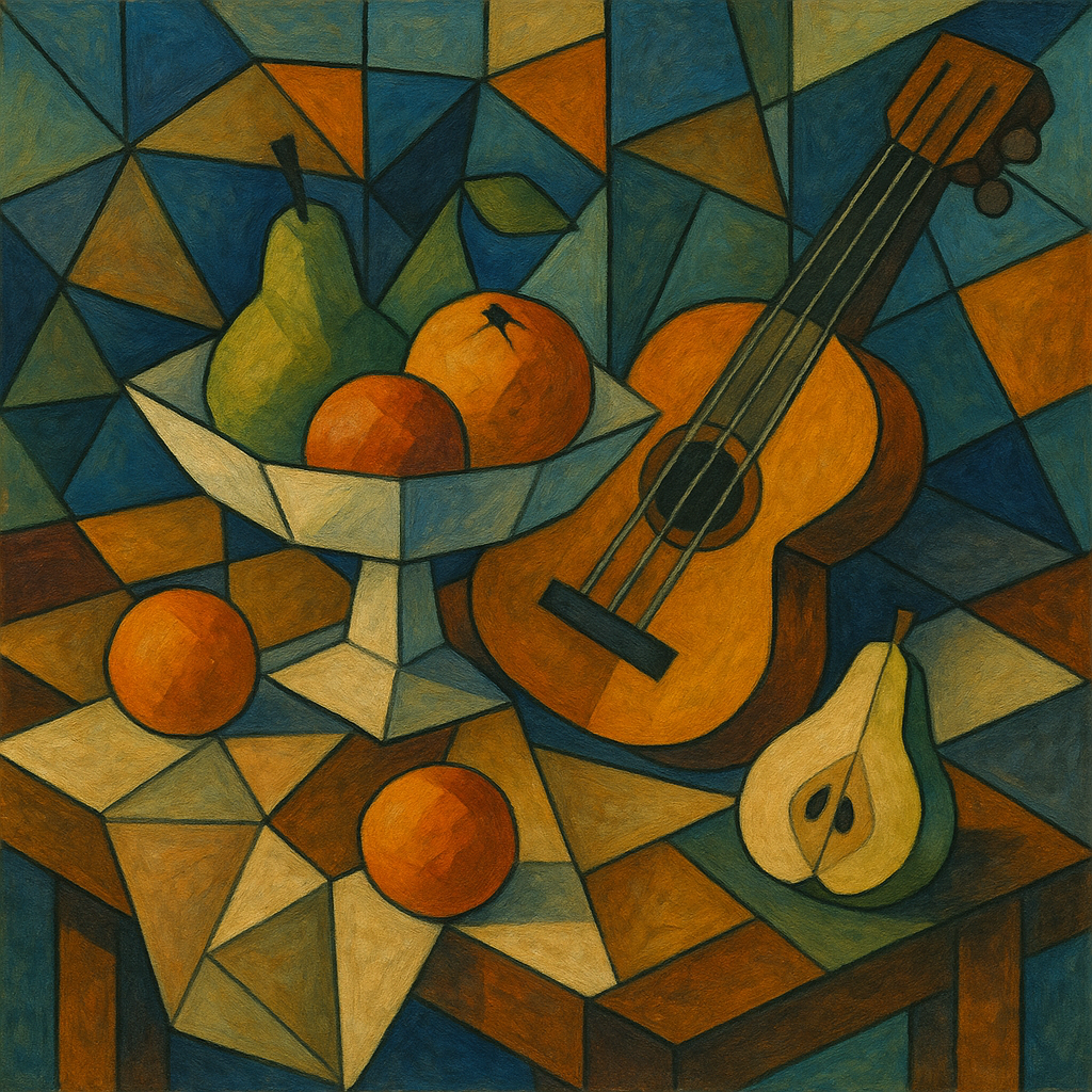 ChatGPT Image 과일과 악기가 있는 테이블, 피카소 큐비즘, 기하학적 분해, 다시점 표현 이미지