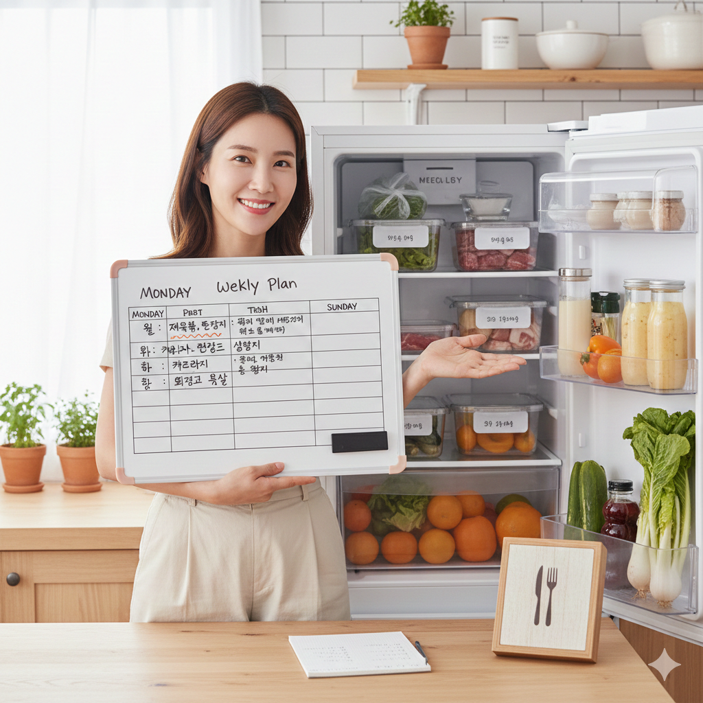 밝고 화사한 주방을 배경으로 환하게 웃고 있는 여성이 한 주간의 식사 계획이 적힌 화이트보드를 보여주고 있어요. 뒤편으로 열려 있는 냉장고 안에는 투명 용기에 라벨링 된 식재료들이 칸별로 정갈하게 수납되어 있어요.