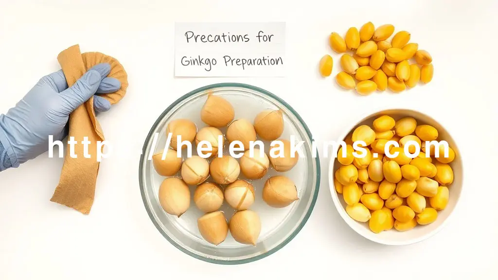 깨끗한 흰색 조리대 위에 은행 손질 과정이 단계별로 정리된 플랫레이 구성. 왼쪽에는 장갑을 낀 손이 은행 외피를 제거하는 모습.