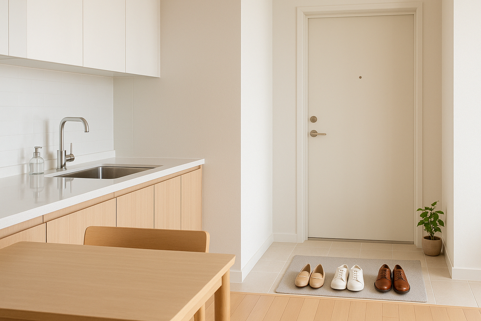 정리된 주방 싱크대와 현관 신발장