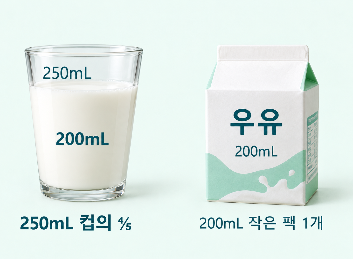 우유과 200mL 작은 팩 약 1개를 나란히 보여주는 분량 가늠 그림
