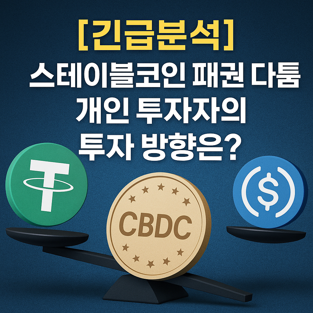 테더, USDC, CBDC 로고가 저울 위에 배치된 스테이블코인 투자 관련 썸네일 이미지