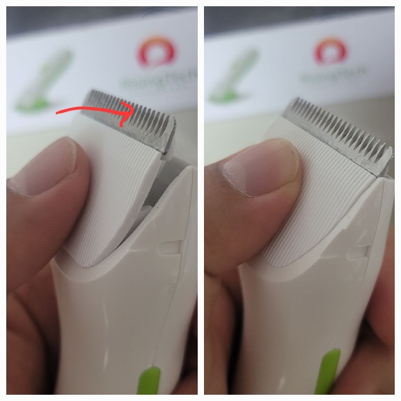 바비온 바리깡 합체하는 법. 칼날에 손이 닿지 않도록 빗살 무늬가 있는 부분을 눌러준다.