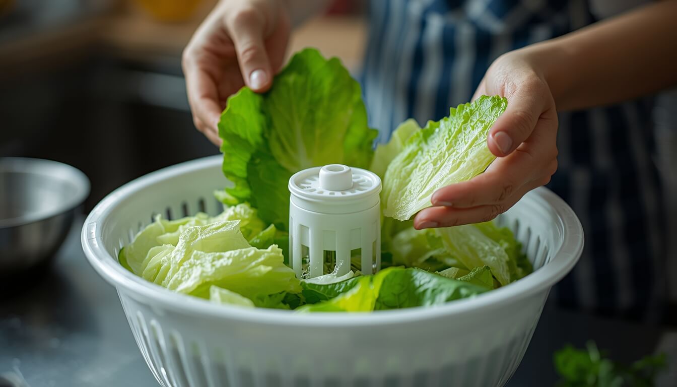 세척을 마친 양상추의 물기를 탈수기로 제거하는 모습