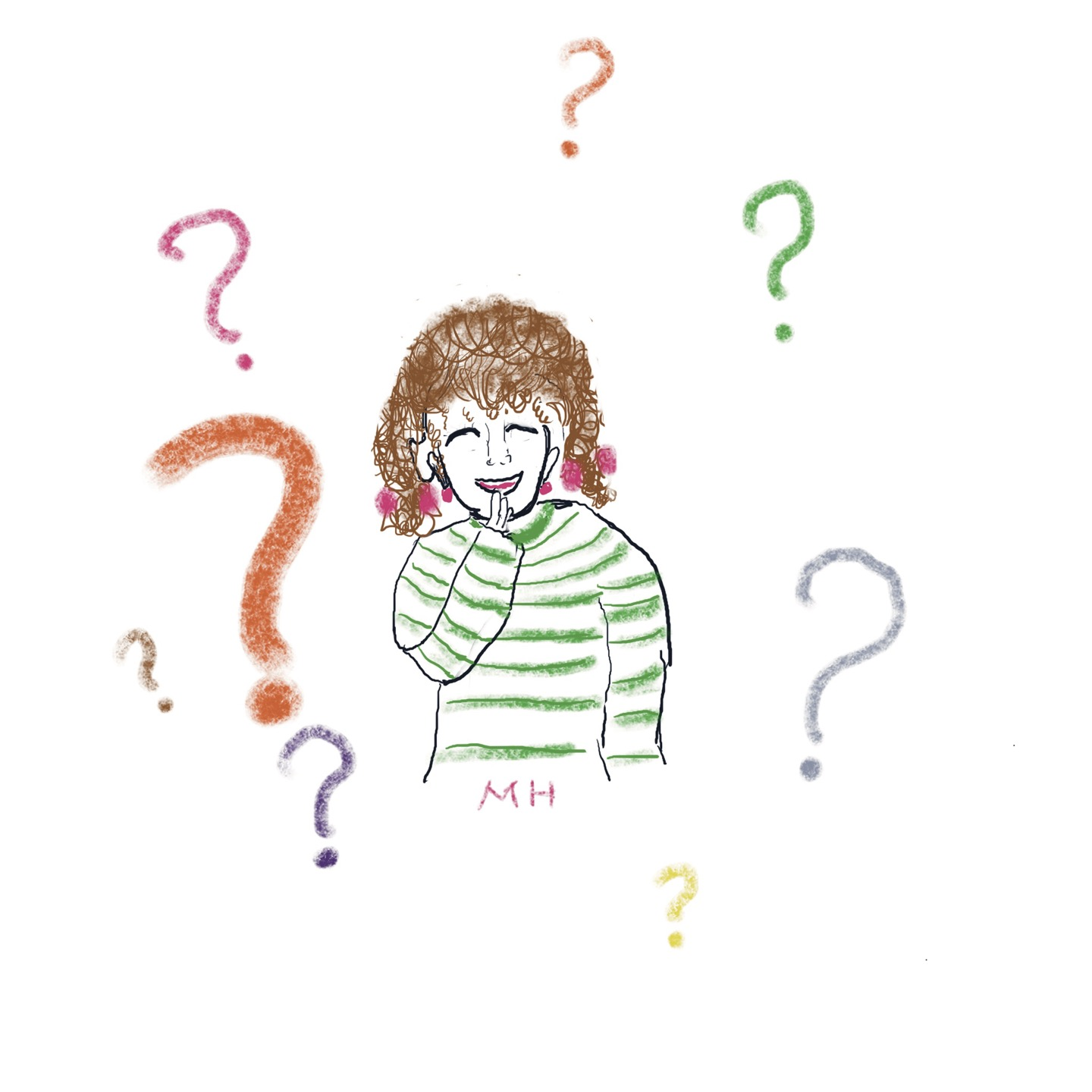 소녀가 미소를 짓고 있고 소녀 주변으로는 물음표들이 있는 그림