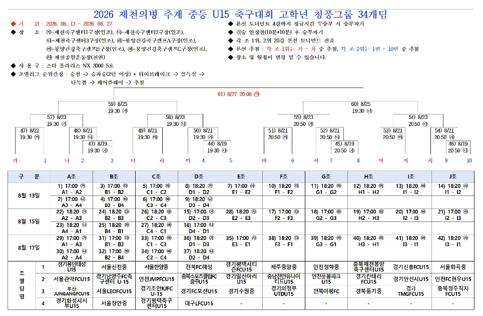 2026 제천의병 추계 중등 U15 축구대회 대진표(조편성 및 경기 일정, 8월 13일~8월 28일)