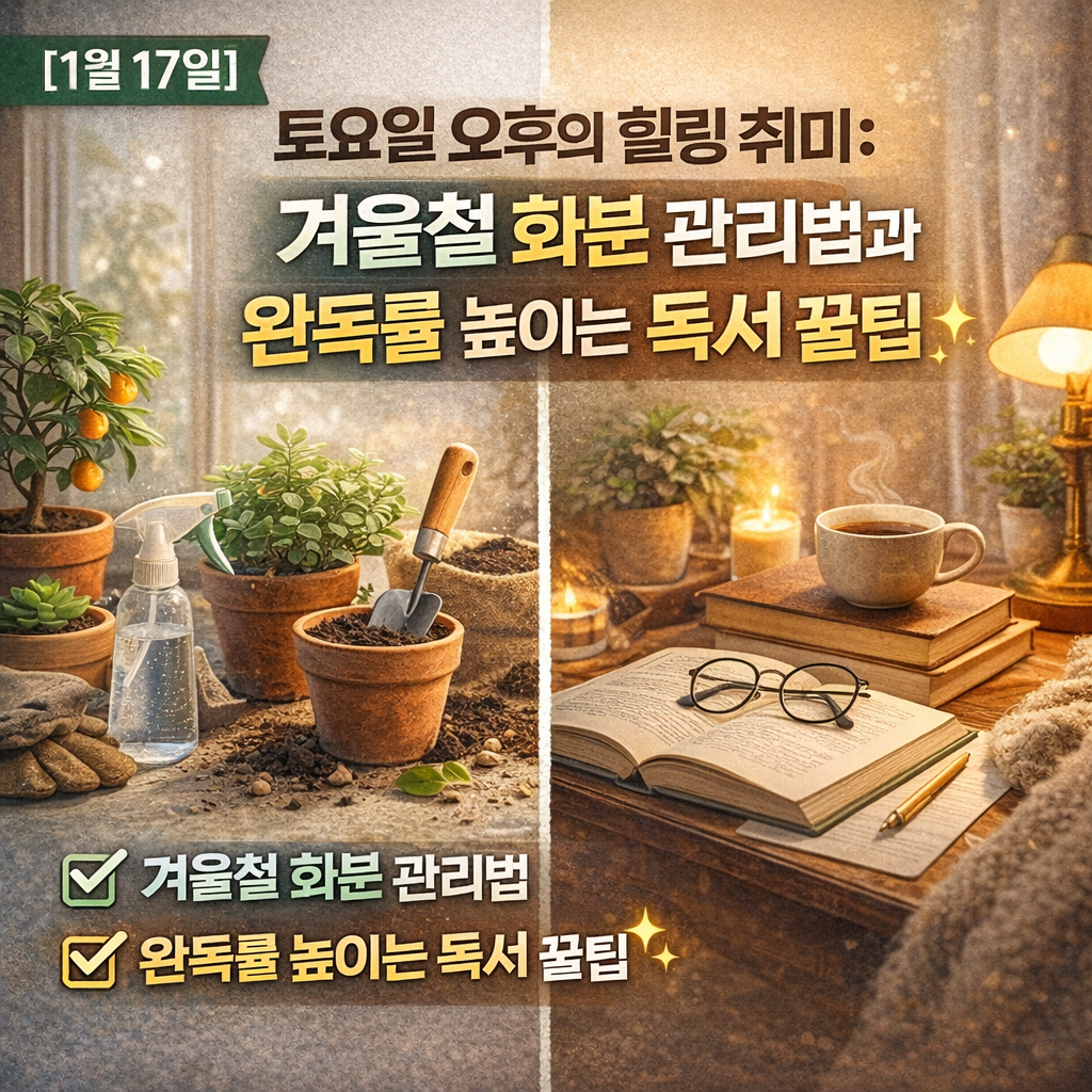 [1월 17일] 토요일 오후의 힐링 취미: 겨울철 화분 관리법과 완독률 높이는 독서 꿀팁
토요일 취미 추천, 실내 가드닝 꿀팁, 겨울철 화분 관리, 독서 습관 만들기, 1월 추천 도서, 직장인 취미 생활, 홈가드닝 입문, 주말 자기계발, 겨울 인테리어, 집에서 할 수 있는 취미